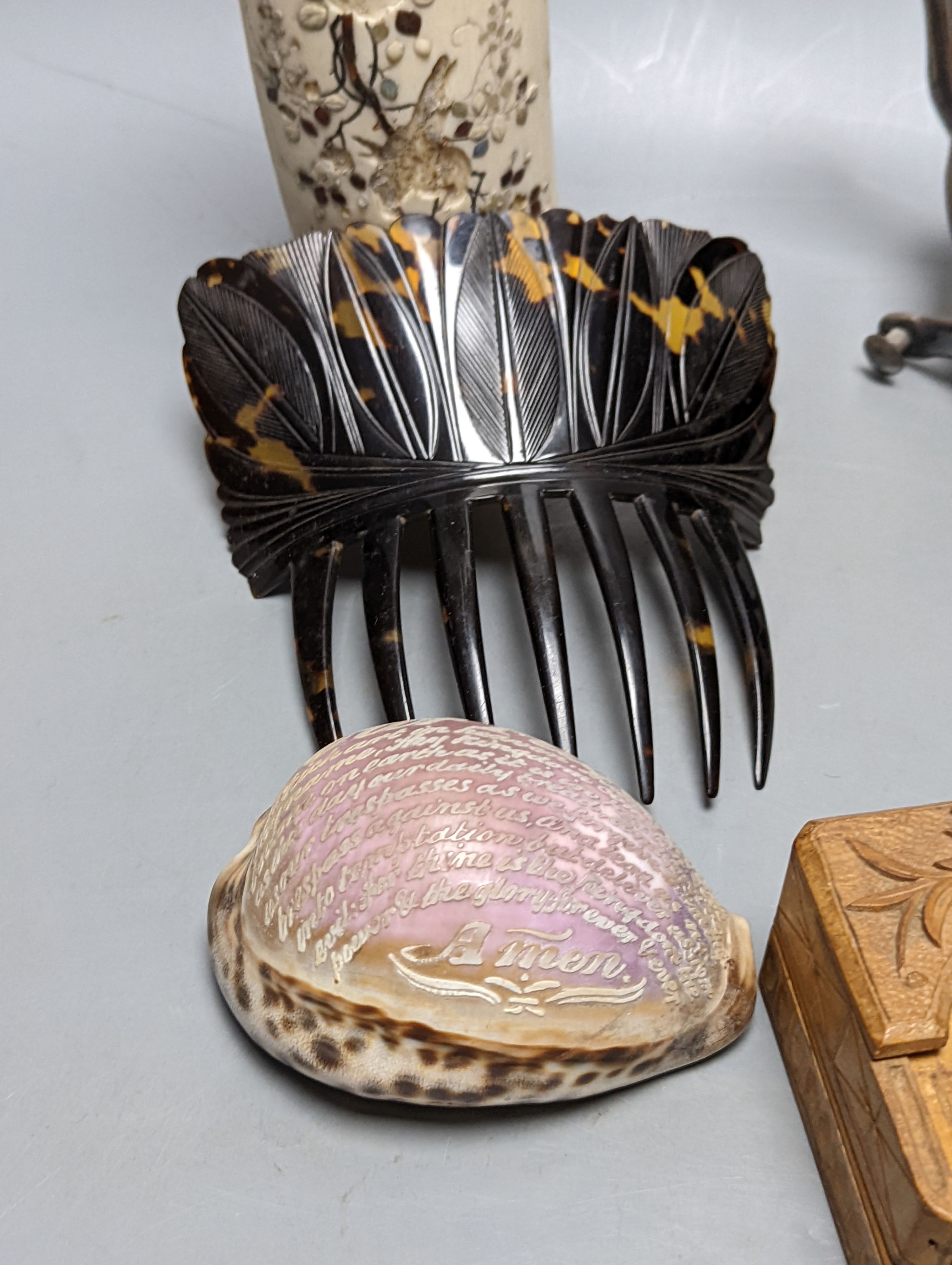 Miscellaneous items including carved wood watch stand, ‘Our Father’ cameo shell and a plated inkwell